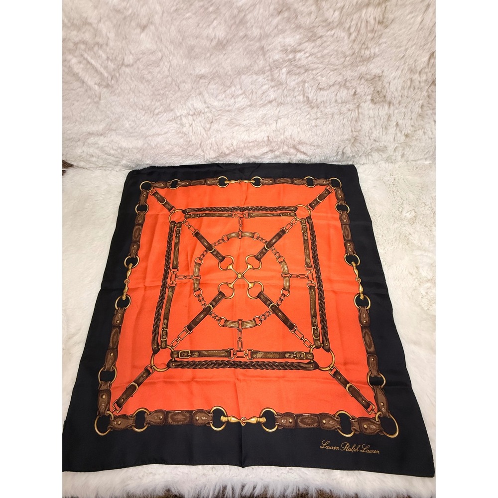 Lauren Ralph Lauren Silk Scarf Orange Black Equestrian Belt Chain Square 21"